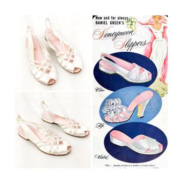 50s White Satin Honeymoon Boudoir Heels / 1950s Daniel Green Slippers Vintage Pumps / Size 8.5 