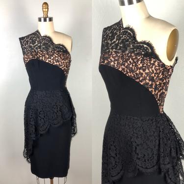 Vintage 1950s LILLI DIAMOND One Shoulder Lace Illusion Dress Designer Wiggle 