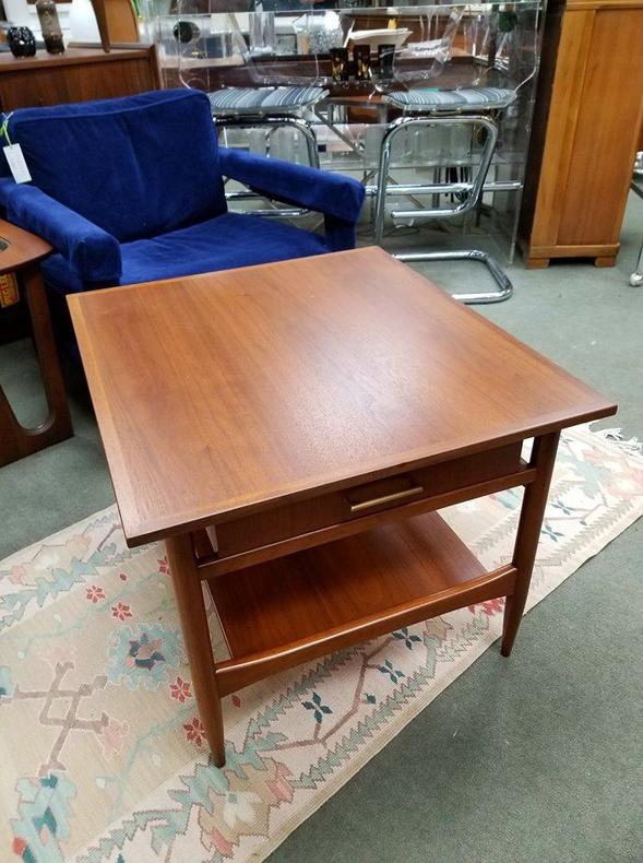 Mid-Century Modern walnut side table with lower drawer