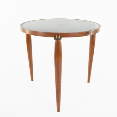Mid Century Amber Glass Walnut and Brass End Table - mcm 