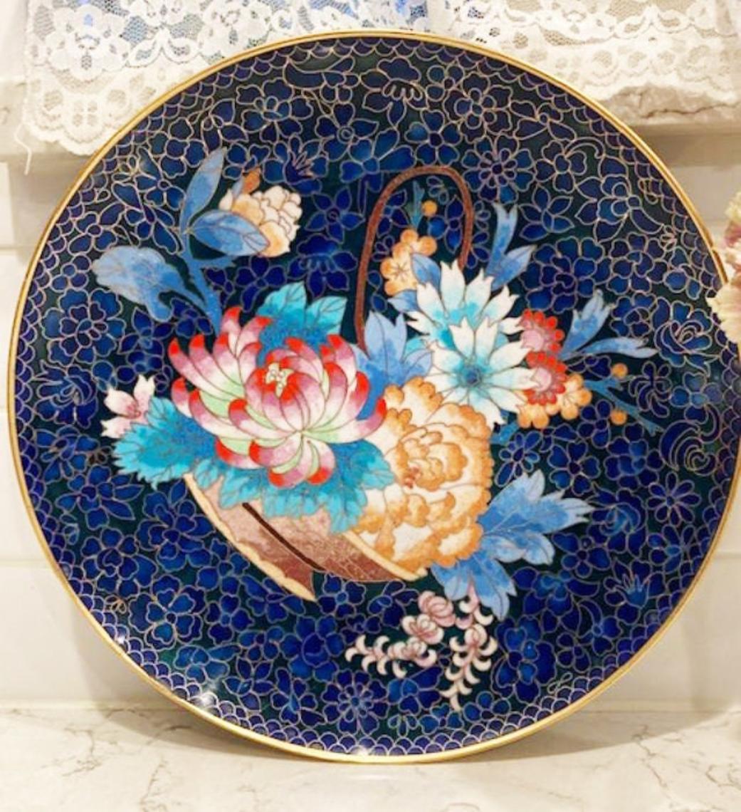 Chinese Brass Plate with Cloisonné Flowers