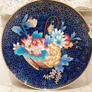Vintage Chinese Cloisonné Enamel Large Blue Plate - Colourful Peony Basket Flowers on Brass by LeChalet