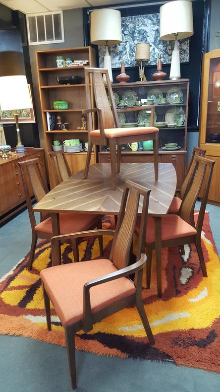 Set of 6 Mid-century walnut high-back chairs with rattan accents and original orange upholstery