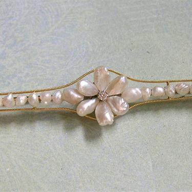 Antique 14K Gold Pearl Flower Bar Pin, Old 14K Pearl Flower Pin, Antique Edwardian Bar Brooch Pin (#3908) 