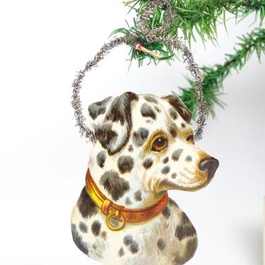 Early 1900's French Dalmation Puppy Dog Embossed Die Cut Scrap and Tinsel Christmas Ornament, Antique Decor 