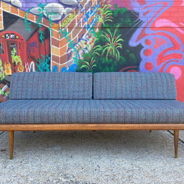 Mid century modern minimalist danish daybed sofa couch bed wood frame vintage woven upholstery blue with armless 