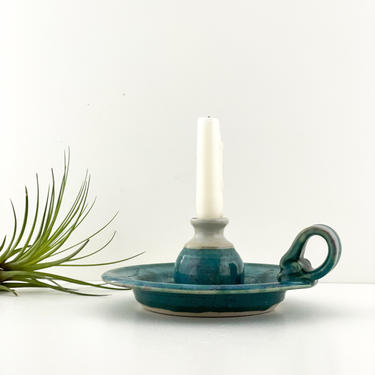 Pottery Candlestick Holder, Teal Blue Candle Holder with Handle, Vintage Candlestick 