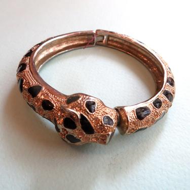 Vintage Leopard Panther Bracelet Black and Gold Enamel Clamper 