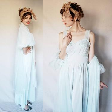 1960s Baby Blue Peignoir Set Sheer Nylon / 60s Robe and Nightgown ensemble Set Floral Embroidery by Artemis / Medium 