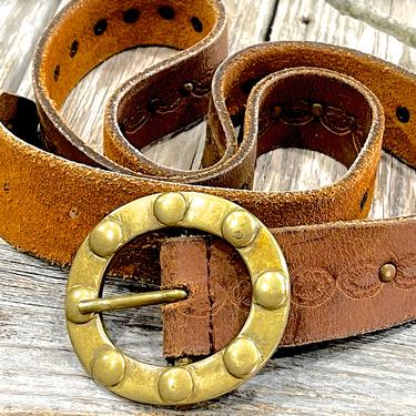 VINTAGE: Tooled Brown Leather Belt with Brass Buckle - Hipster - Boho - SKU 00008560 