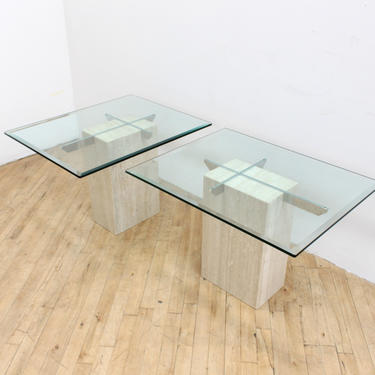 Chrome Travertine Tempered Glass Side Tables Artedi Marble Hollywood Regency Postmodern Baughman Era 