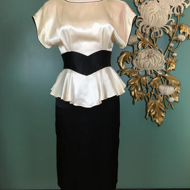1980s peplum dress, black and ivory satin, vintage 80s dress, 80s does 40s, 1940s style dress, dolman sleeve dress, small, bombshell, wiggle 