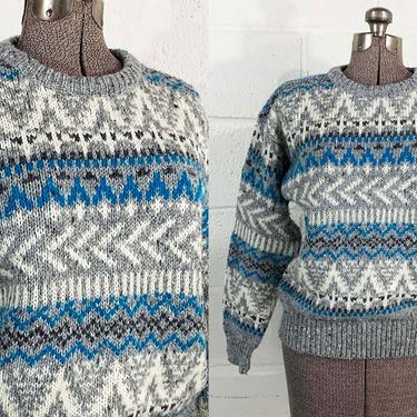 Vintage Blue Knit Sweater Crewneck Gear Slouchy Pullover Jumper Long Sleeved Oversized Gray White Twin Peaks Fair Isle Unisex Medium Large 