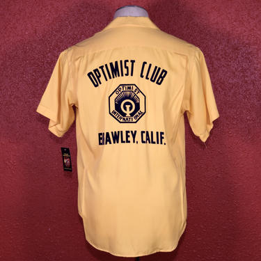 1950s Yellow Gabardine Optimist Club Flock Print Nat Nast Bowling Shirt 
