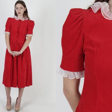 Vintage 80s Red Velvet Dress / Christmas Holiday Ruffle Collar / Cute Xmas Office Cocktail Party Maxi Dress 