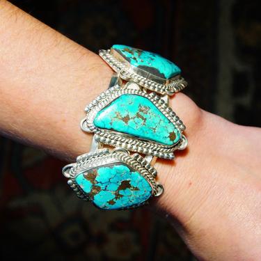Vintage Signed Native American Three-Stone Turquoise Cuff Bracelet, Chunky Silver Cut With Large Turquoise Stones, Mexico, 5 3/4&quot; L 