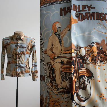 1970s Harley Davidson Button Down / All Over Print Vintage Button Up / Vintage Harley Davidson Shirt / Polyester Button Down / 1970s Harley 