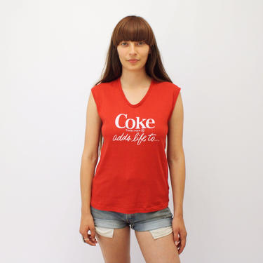 Coke French Tee // vintage 70s Cocacola t-shirt boho hippie Coca Cola t shirt dress cotton 80s coca-cola blouse top white red M Medium 