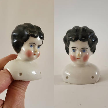 Antique Miniature China Doll Head with Painted Black Curls - Antique German Dolls - Collectible Dolls - Doll Parts 