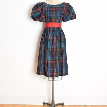 vintage 80s dress black plaid taffeta puff sleeve party dress belted XS clothing 