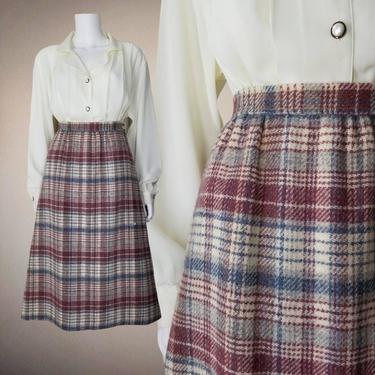 Vintage Plaid Skirt, Small / Flared Midi Skirt / Woven Wool Office Skirt / Fall Plaid A Line Skirt with Pockets / 1970s Secretary Skirt 