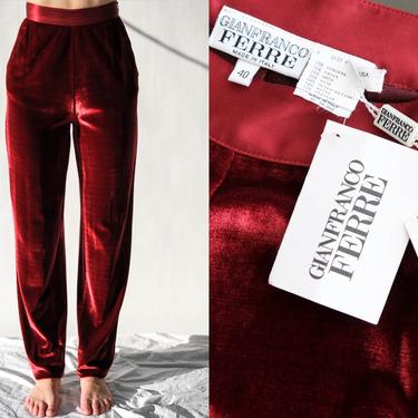 Vintage 90s Gianfranco Ferre Merlot Silk Blend Velvet High Waisted Pants w/ Original Tags | Made in Italy | UNWORN | 1990s Designer Slacks 