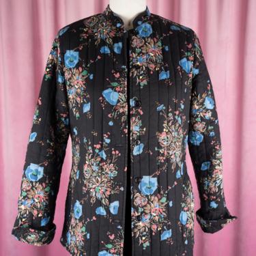 Vintage 70s Quilted Black Floral Jacket with Pockets by Two Potato Laguna Beach 
