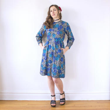 s.a.l.e. Vintage 1960s Day Dress with Pockets - Blue Rose Floral Print Long Sleeve Fit &amp; Flare Dress - S 