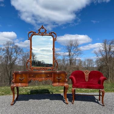 NEW - Vintage Ornate Carved Mahogany Vanity Dressing Table and Bench, French Style Bedroom Furniture 