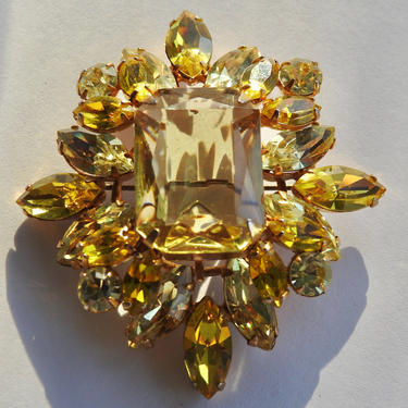 Juliana Open Set Emerald Cut Yellow Crystal Brooch 