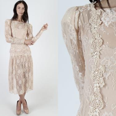 Vintage 80s Deco Wedding Dress / Sheer Floral Lace Flapper Dress / See Through Bridal Outfit / Champagne Blush Gatsby Inspired Dress 