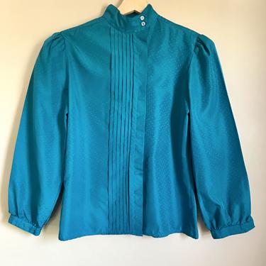70s S/M Teal Victorian Puff Sleeve Blouse 