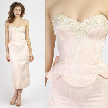 80s Strapless Baby Pink Scott McClintock Dress - Extra Small | Vintage Scalloped Peplum Formal Midi Gown 