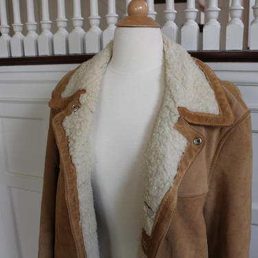 Vintage 70s Tan Suede &amp; White Shearling Fur Coat Men's Size 44 