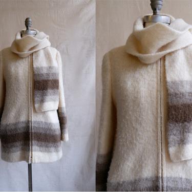 Vintage 70s Icelandic Wool Jacket with Matching Scarf/ 1970s Ivory Striped Zip Up Winter Coat/ Size Small Medium 