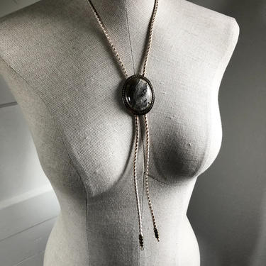 Vintage Bolo Tie with Gray Blue Gemstone and White Leather Cord 