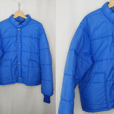 Vintage Eighties Unitog Blue Puffer Jacket - 80s Zip Front Large Winter Coat 