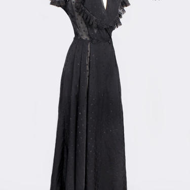 50's Sheer Hostess Dress I LOVE LUCY style Long Black Gown, 1950's Vintage Dress, Polka Dot, Full Skirt, Evening Party Dress, House Coat 