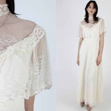 Vintage 70s Prairie Wedding Dress / Sheer Ivory Floral Lace Maxi Dress / High Collar Romantic Bridal Dress / Victorian Inspired Long Dress 