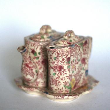 vintage chintz personal tea pot hot water pot and underplate made in japan three piece set 