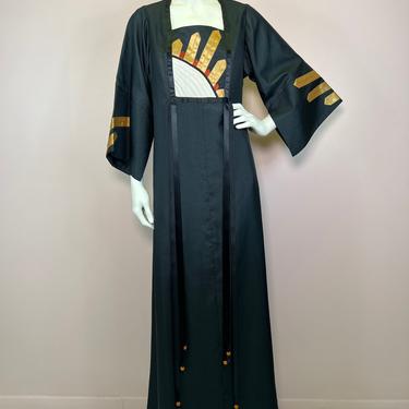 Vtg 70s black and metallic avant-garde silk caftan dress 