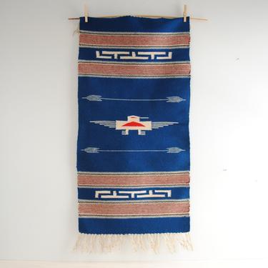 Vintage Mexican Rug with Eagle in Blue, Red, and White, Wool Mexican Textile Weaving 