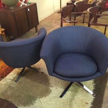 Pair Nicos Zographos Barrel Swivel Chairs MCM with Steel Bases