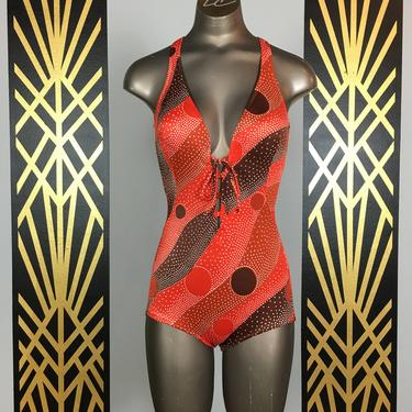 1970s swimsuit, Jantzen, vintage bathing suit, one piece, boy shorts, mod swimwear, orange and brown, backless, 1960s maillot, size small 