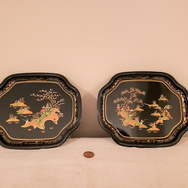 Pair of Vintage Elite Trays Black with Metallic Asian Floral Design | Mini Metal Decorative Catch-All/Snack/Tea Tray Made in England 