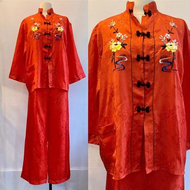 Vintage 40s Red ASIAN LOUNGE SET / Hand Embroidered + Wide Leg Pant / Glam Pajamas / L 