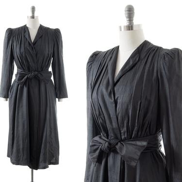 Vintage 1980s Dress Coat | 80s ALBERT NIPON Black Silk Belted Fit and Flare Belted Lightweight Princess Coat (small) 