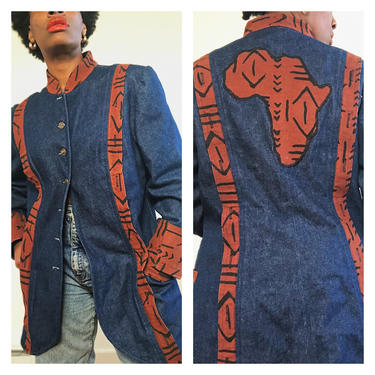 Vintage 1980s 1990s Denim Jean Mud Cloth Jacket Midi Coat Duster Statement Africa African Military Button Front Ankara Black Culture 