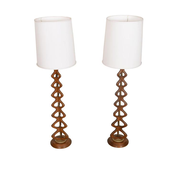 Pair Walnut + Brass Double-Helix Table Lamps