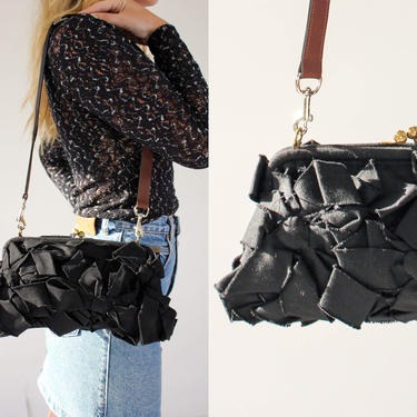 Vintage 90s Y2K MARNI Black Canvas Floral Shoulder Bag w/ Brown Leather Removable Clip Strap | Made in Italy | 1990s 2000s Designer Purse 